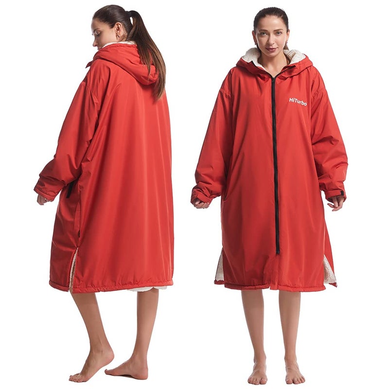 Hiturbo Warm Waterproof Swim Parka: Oversized Hooded Changing Robe - Sherpa Liner Swimming Coat - Recycled Fabric Surf Poncho (Red) - Image 5